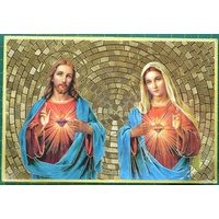 Sacred Hearts, Jesus and Mary, Gold Foiled Embossed Wood Plaque, Crafted In Italy, Beautiful Item