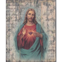 Sacred Heart Of Jesus, Vintage Look Wood Plaque, Crafted In Italy, 235mm x 190mm