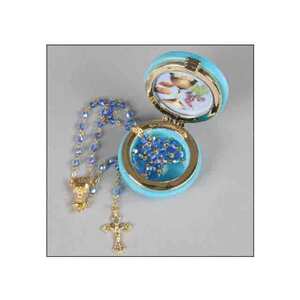 4mm Blue Crystal Communion Rosary In 50mm Round Blue Box