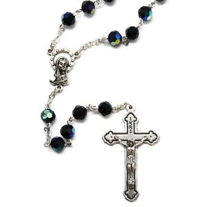 Rosary, 5mm Tin Cut Aurora Borealis (AB) Crystals, BLACK, Boxed, Made In Italy