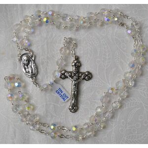 Crystal Rosary 7mm Tin Cut Aurora Borealis (AB) Crystals, Boxed, Made In Italy