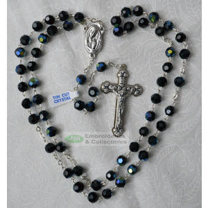 Crystal Rosary 7mm Tin Cut Aurora Borealis (AB) Crystals, BLACK, Boxed, Made In Italy