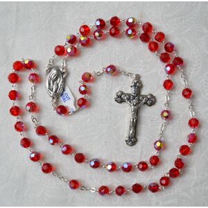 Rosary, 7mm Tin Cut Aurora Borealis (AB) Crystals, RED, Boxed, Made In Italy