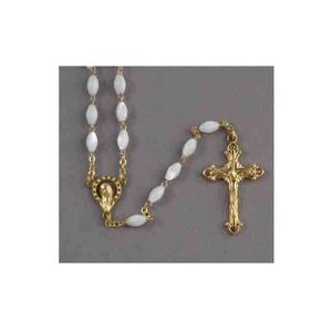 Rosary Mother of Pearl Gold Tone Crucifix, 5mm Beads, Boxed