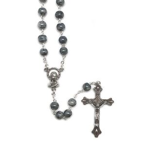 Rosary 5mm Black / Grey Glass Beads, Silver Tone Crucifix RX2606K