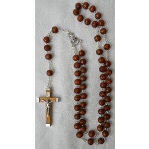 ROSARY 8mm BROWN Wood Beads, Metal Backed Wood Crucifix 50cm Long