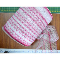 HOT PINK WHITE 37mm Iridescent Feather Edge Eyelet Lace, Per metre