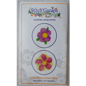 Stitch Garden Mini Counted Cross Stitch Kit, Purple Flower &amp; Pink Flower