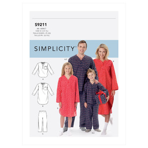 Simplicity Sewing Pattern S9211 Misses&#39;/Men&#39;s/Boys&#39;/Girls&#39; Patch Pocket Top, Nightshirt and Pants Simplicity Sewing Pattern 9211