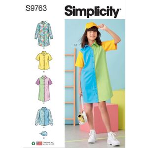Simplicity Sewing Pattern S9763A Girls&#39; Shirtdresses, Shirts &amp; Hat Sizes 7-14