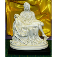 La Pieta Statue Mary Holding Jesus, White on Black Stand, 164 x 85 x 190mm Resin