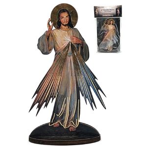 Devine Mercy Flat 150mm Wooden Statue With Biography / Prayer Pamplet