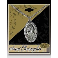Cathedral Art Saint Christopher Pendant, SILVER Tone Oval 33mm x 20mm On 18" Chain