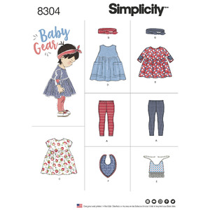 Simplicity Pattern 8304 Babies&#39;, Leggings, Top, Dress, Bibs and Headband in thress sizes S(17&quot;) M(18&quot;) L(19&quot;) Simplicity Sewing Pattern 8304