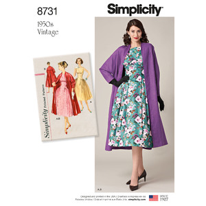 Pattern 8731 Women&#39;s Vintage Dress and Lined Coat Simplicity Sewing Pattern 8731
