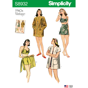 Misses&#39; Vintage Bikini Top, Shorts, Wrap, Skirt &amp; Coat Sizes 4-12 Simplicity Sewing Pattern 8932