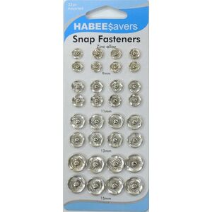 HabeeSavers Snap Fasteners, Zinc Alloy, 32 Assorted, 9, 11, 13 &amp; 15mm