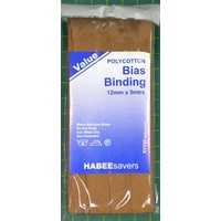 Habee$avers Polycotton Bias Binding, CAMEL, 12mm x 5m, 65% Polyester, 35% Cotton