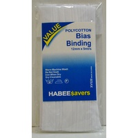 HabeeSavers Polycotton Bias Binding, WHITE, 12mm x 5m, 65% Polyester, 35% Cotton