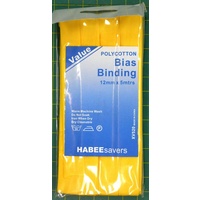 Habee$avers Polycotton Bias Binding, YELLOW, 12mm x 5m, 65% Polyester, 35% Cotton