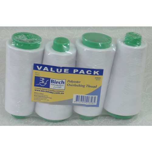 Birch 4 Pack WHITE Overlocker Thread 2000m each Cone, 100% Polyester