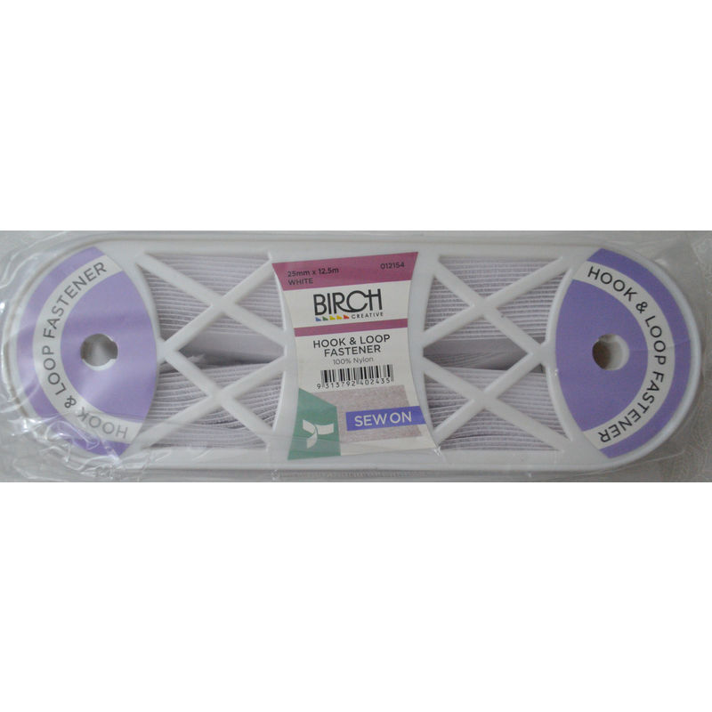 Birch Hook and Loop Fastener Tape Sew In, 25mm x 12.5 Metres, WHITE