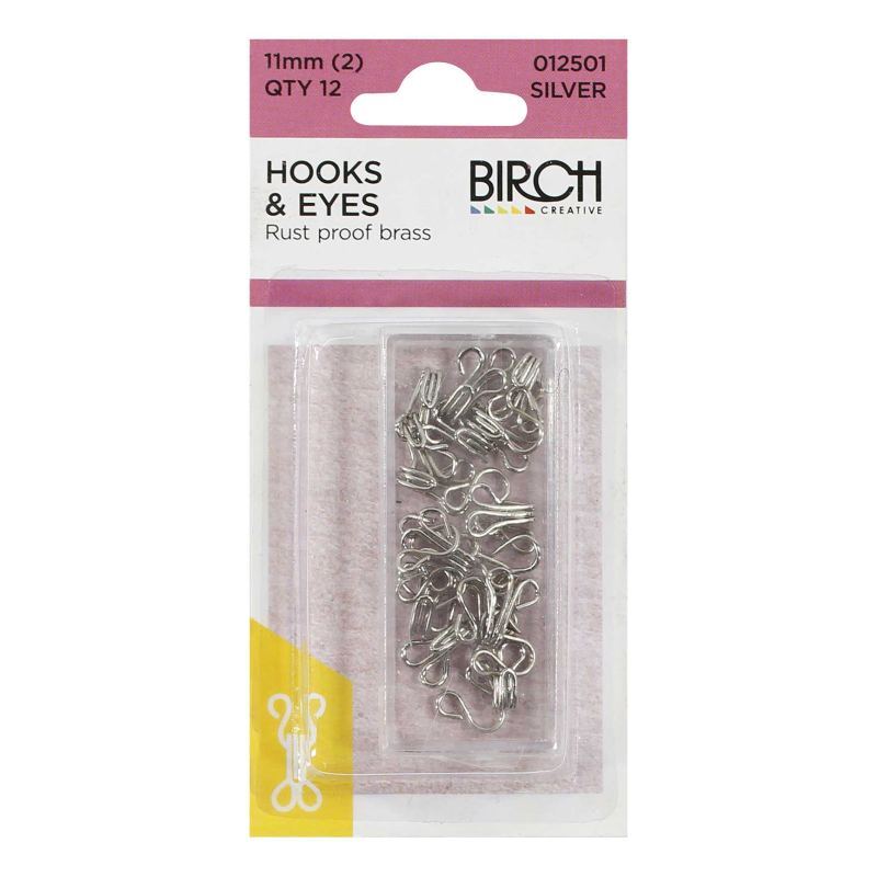 Birch 11mm SILVER Hooks and Eyes, 12 sets, Rust Proof