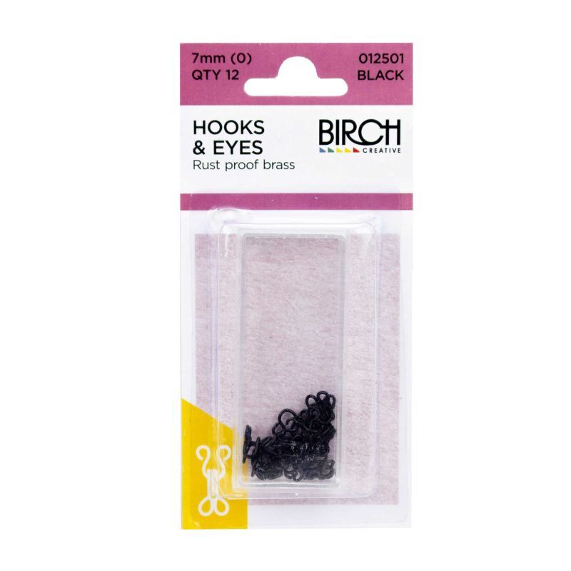 Birch 7mm BLACK Hooks and Eyes, 12 sets, Rust Proof
