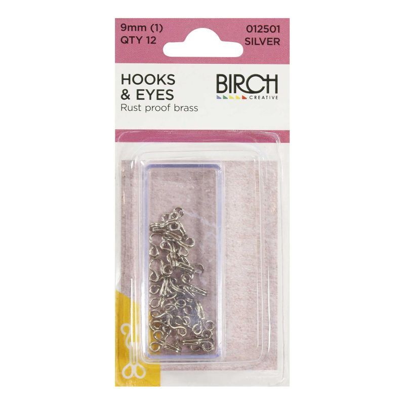 Birch 9mm SILVER Hooks and Eyes, 12 sets, Rust Proof