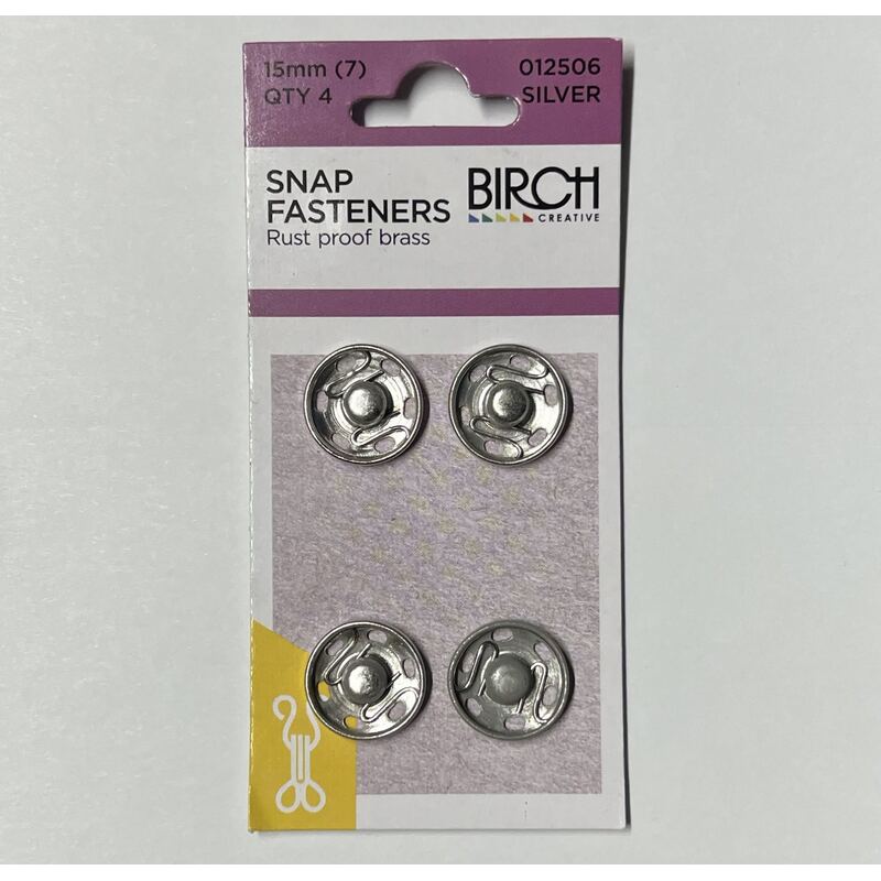 Birch 15mm Press Studs (Snap Fasteners), Silver Colour, 4 Sets, Sew-In