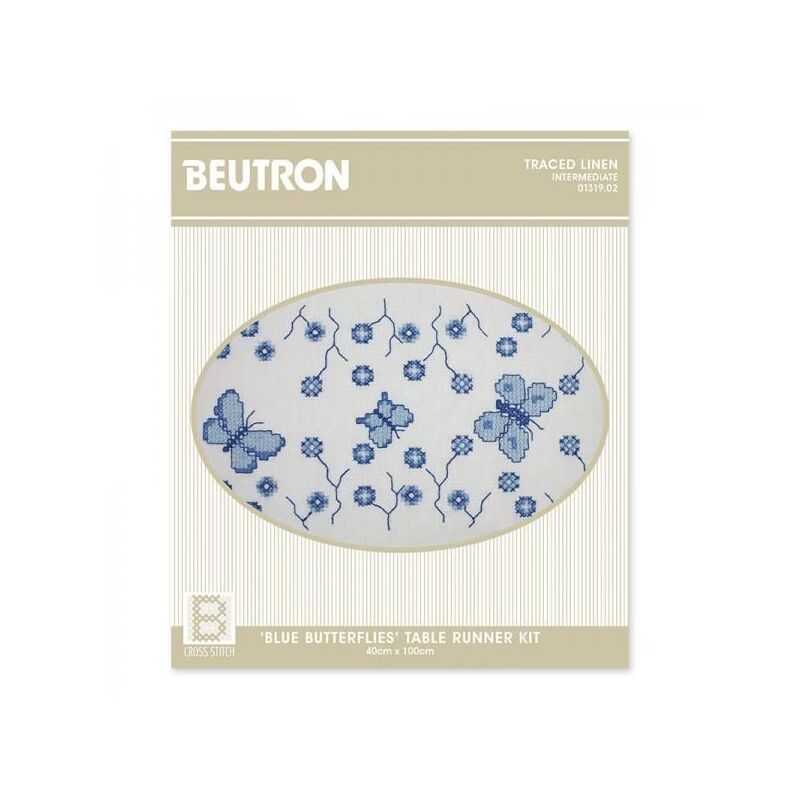 BLUE BUTTERFLIES Table Runner Traced Linen Cross Stitch Kit 40 x 100cm, 01319.02