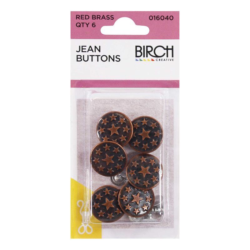 Birch Jeans Buttons, RED BRASS, 6 per pack
