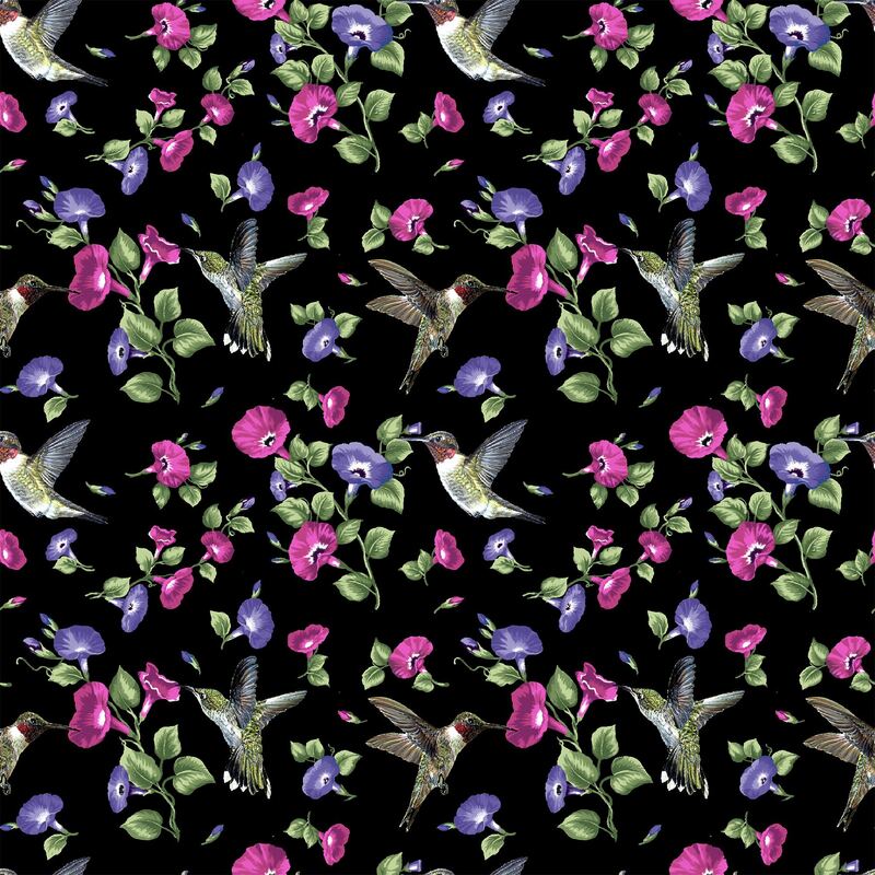 Hummingbird Song, BLACK 110cm Wide Cotton Fabric (0172-1012)