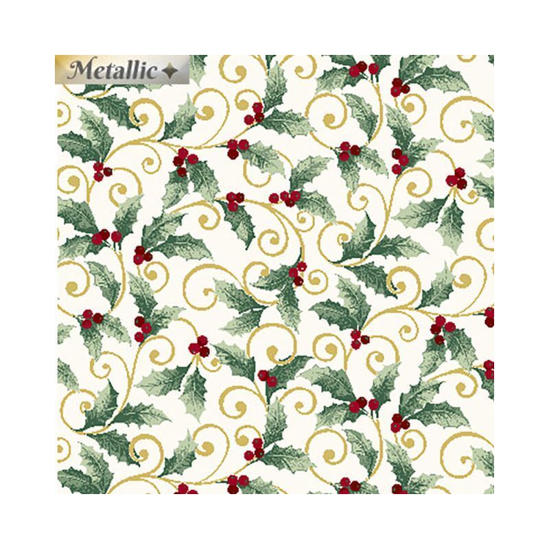 Winter Elegance Holly Scroll Metallic NATURAL 110cm Wide Cotton Fabric (0190-3309)