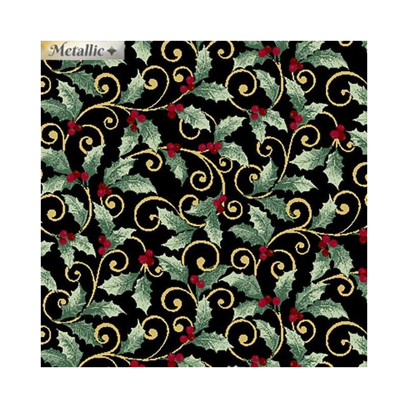 Winter Elegance Holly Scroll Metallic BLACK 110cm Wide Cotton Fabric (0190-3312)
