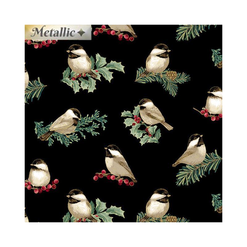 Winter Elegance Winter Chickadees BLACK 110cm Wide Cotton Fabric (0190-4412)
