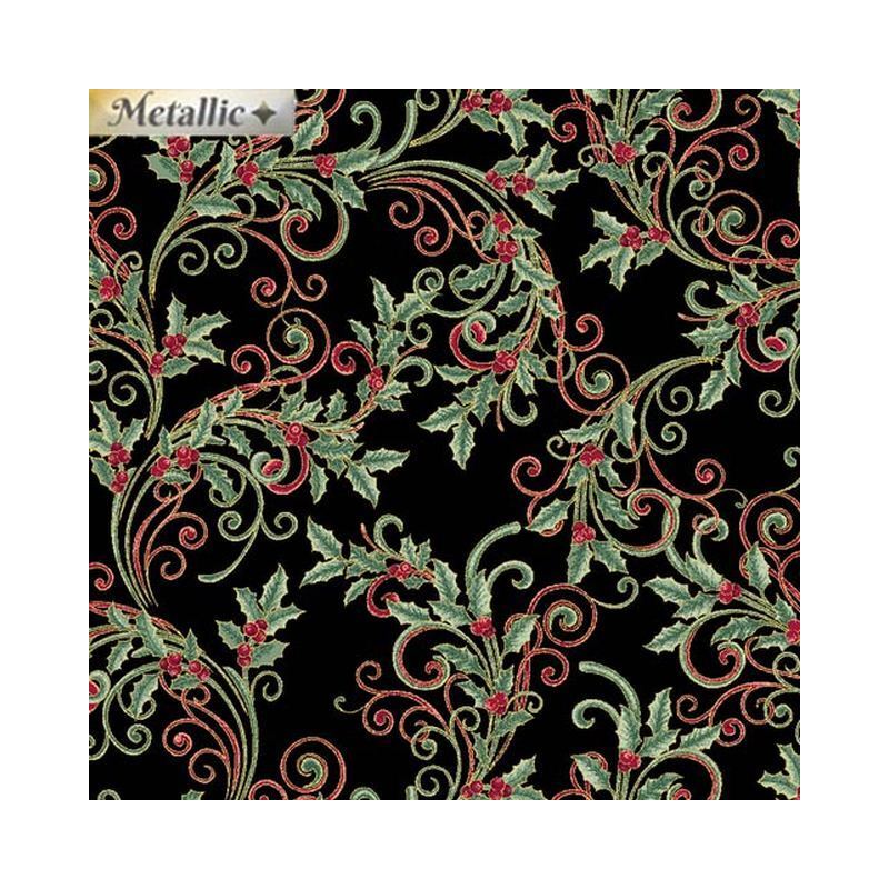 Winter Elegance Leaf Scroll BLACK 110cm Wide Cotton Fabric (0190-4712)