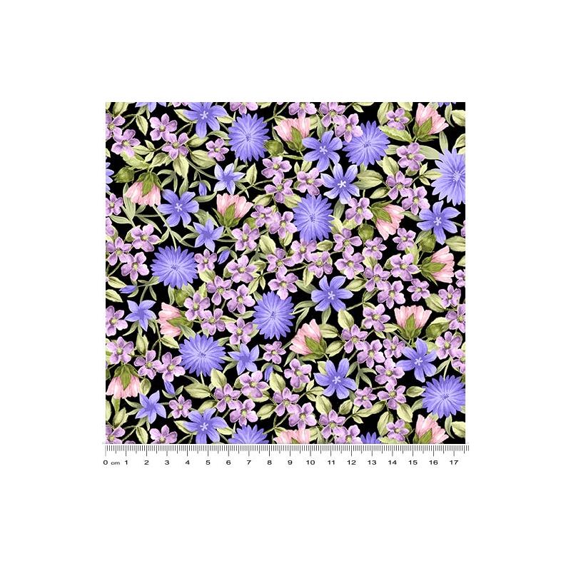 Spring Breeze, Springtime Flowers Black, Cotton Fabric 110cm Wide (0202-9112)