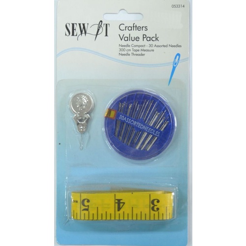Sew It Crafters Valve Pack, Compact with 30 Needles, 300cm Tape measure and Threader