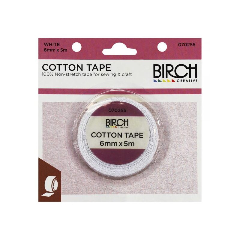 Birch Cotton Tape 6mm x 5 Metres WHITE Non-Stretch 100% Cotton