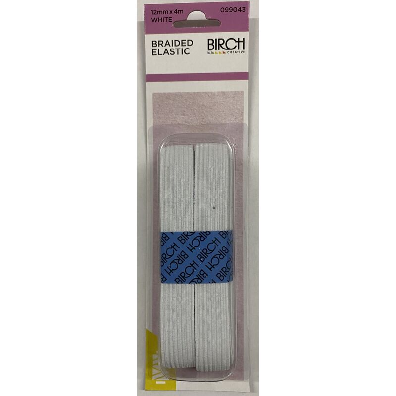 Birch Braided Elastic Hank, 12mm x 4m WHITE, 100% Polyester
