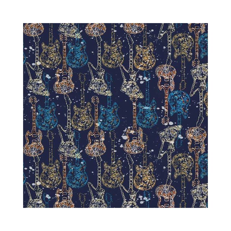 Retro Music Electric Guitars Navy, 112cm Wide 100% Cotton Fabric (Per 25cm)