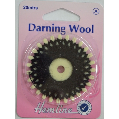 Hemline Darning Wool, 20 metres, BLACK, Strong yarn for darning socks, pullovers, jumpers etc.