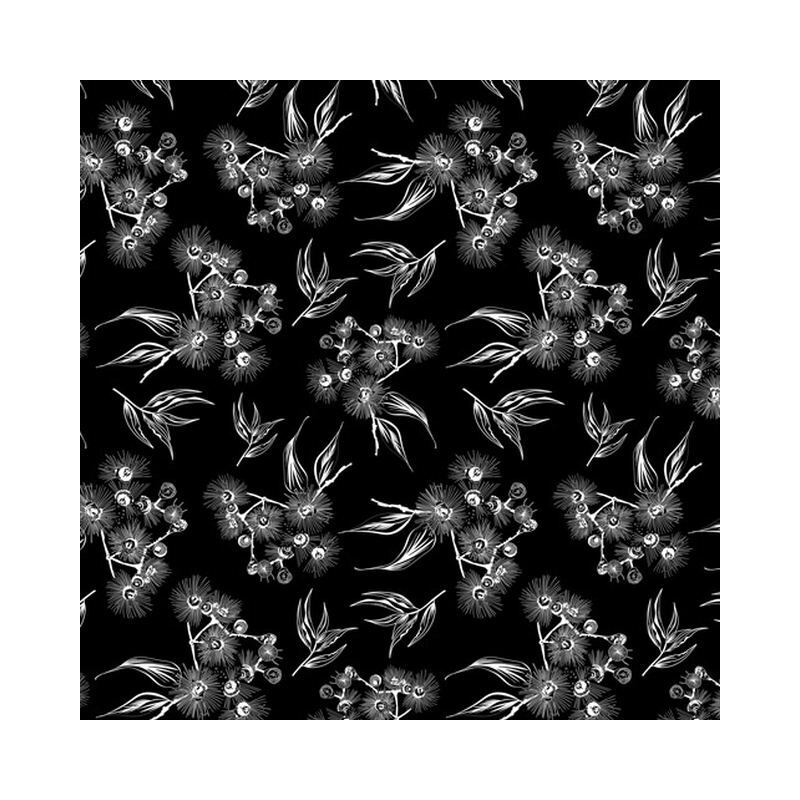 Great Southern Land Blooming Gumnuts Black, 112cm Wide 100% Cotton Fabric