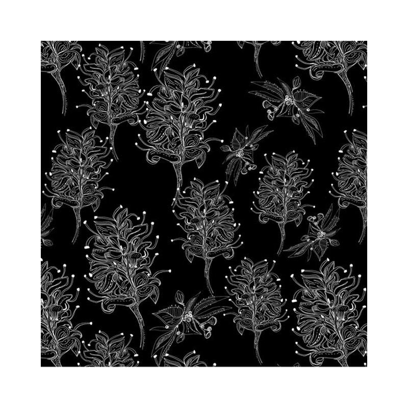 Great Southern Land Grevillea Sketch Black, 112cm Wide 100% Cotton Fabric