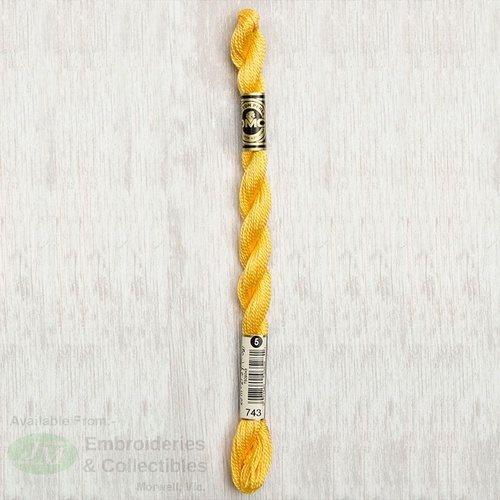 DMC Perle (Pearl) 5 Cotton, #743 MEDIUM YELLOW, (5g) 25m Skein