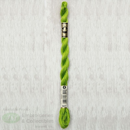 DMC Perle (Pearl) 5 Cotton, #907 LIGHT PARROT GREEN, (5g) 25m Skein