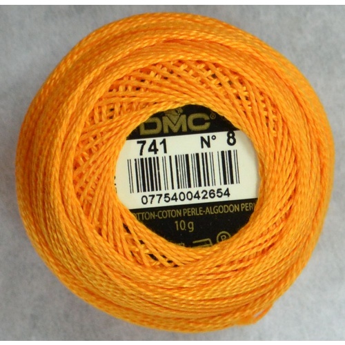 DMC Perle (Pearl) 8 Cotton #741 MEDIUM TANGERINE ORANGE 10g Ball 80m