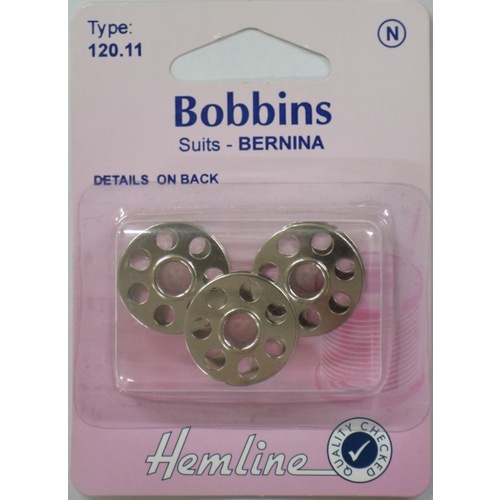 Hemline Bobbins, 7 Hole Bernina Front Loading, Pack of 3 Metal Bobbins (120.11)
