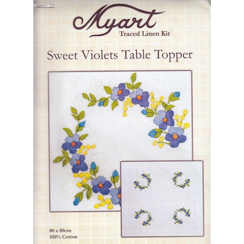 SWEET VIOLETS Table Topper Traced Linen Embroidery Kit 80 x 80cm, 14010.02
